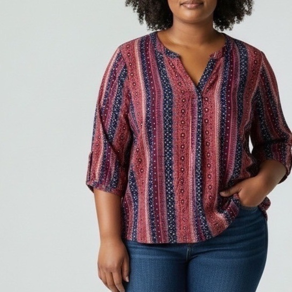 Woman Within 1X Striped V Neck Tunic Top Rayon 22 24 Boho Plus Size